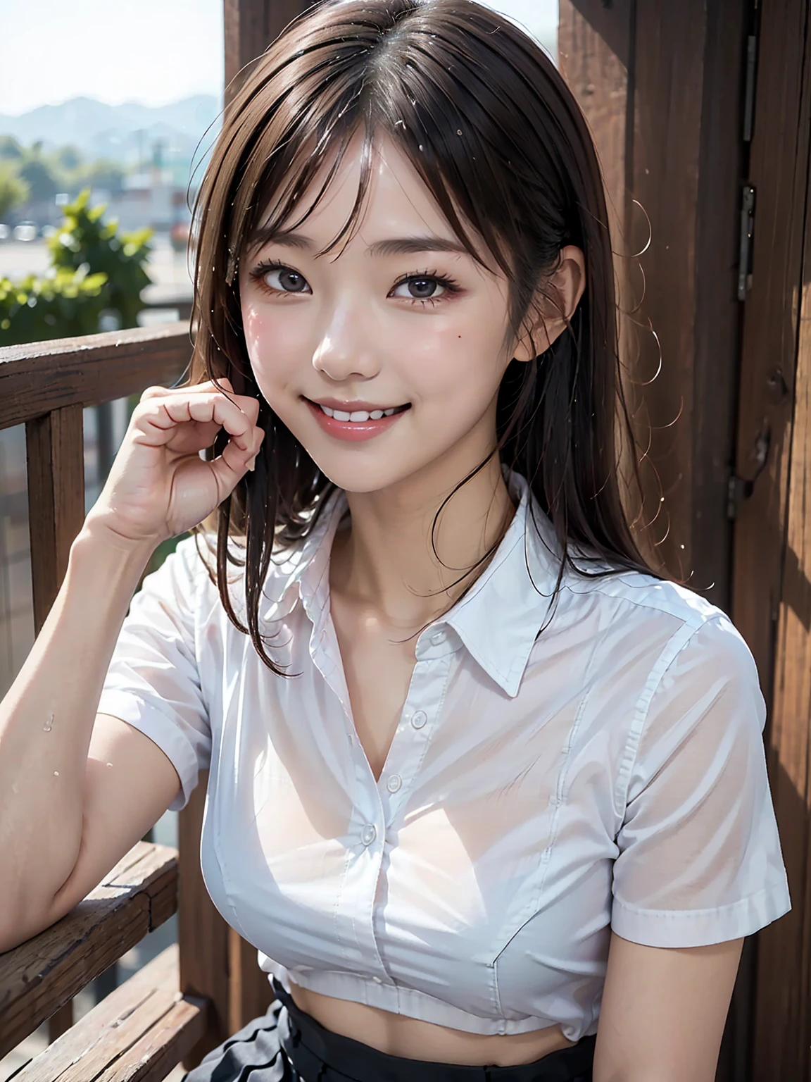 One Girl in the Rain、Blushing cheeks、gazing at viewer、Heavy rain、large full breasts、A sheer white summer dress that adheres to the chest when wet、No umbrella、Girl in Japan uniform and girl without umbrella in the rain、Wet face,wetted skin、a wet body、wet costume、Wet hair、flower、hair pin、a necklace、piercings、Getting wet and leaning forward、from below looking up、depth of fields、pointed red mouth、short hair of reddish-brown color wet and shiny,,,Red mouth,鎖骨、Beautiful fingers、Hourglass body、portrait of a full body、Loosen your tie、Wet cute face、crouching down、