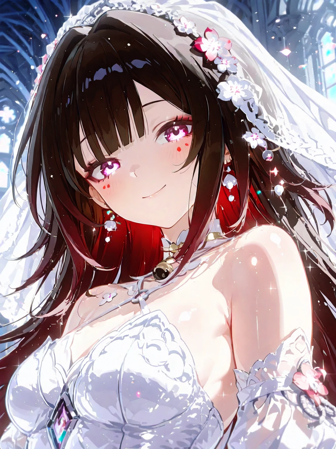 Beautiful black hair woman is shown to have a sexy figure. She is wearing a  beautiful  detailed wedding dress , jewelry, holding a bouquet of flowers, she has purple eyes, Girl standing in a church aisle, sexy session, front facing viewer, cowboy shot, superior quality, many details, realistic