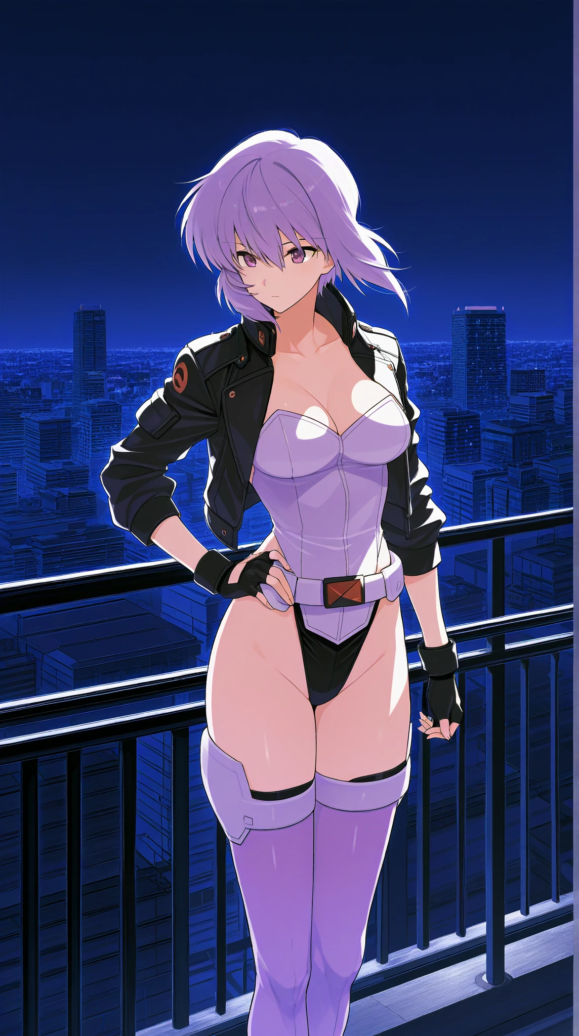 (best quality, masterpiece, perfect face, beautiful and aesthetic:1.2, colorful),(detailed),(official art, extreme detailed, highest detailed),(aakusanagi),(short hair, purple hair, large breasts, white leotard, thighhighs),<lora:kusanagi_motoko_v1:0.8>,