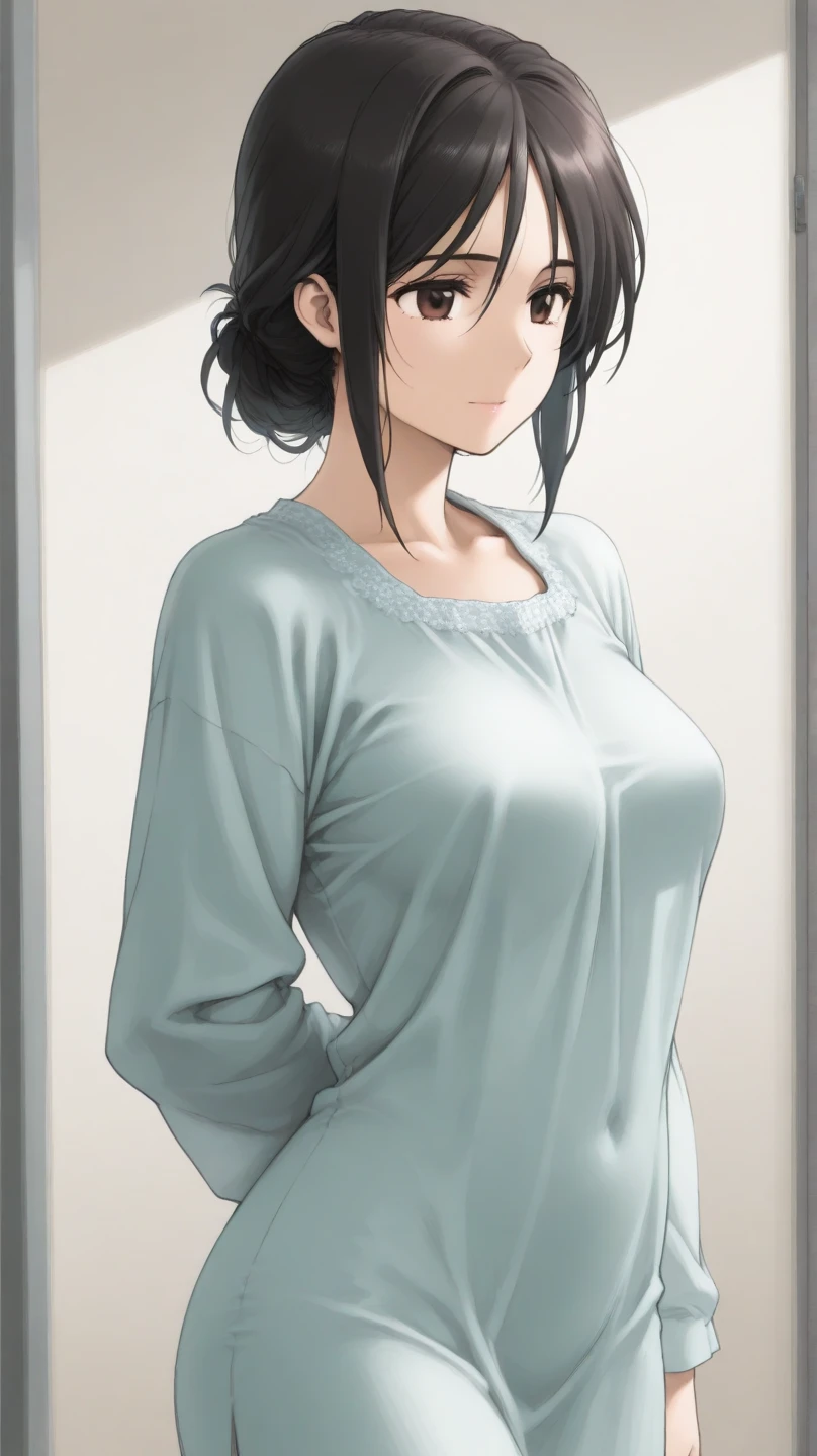 30-year-old woman、Mother,Married women,,Black Hair,Small breasts、Small breasts、Casual wear、Calm appearance、sweater、shirt、Clothing Pattern、Clothing design、whole body、One character、Being grabbed by the chest、Hands on chest