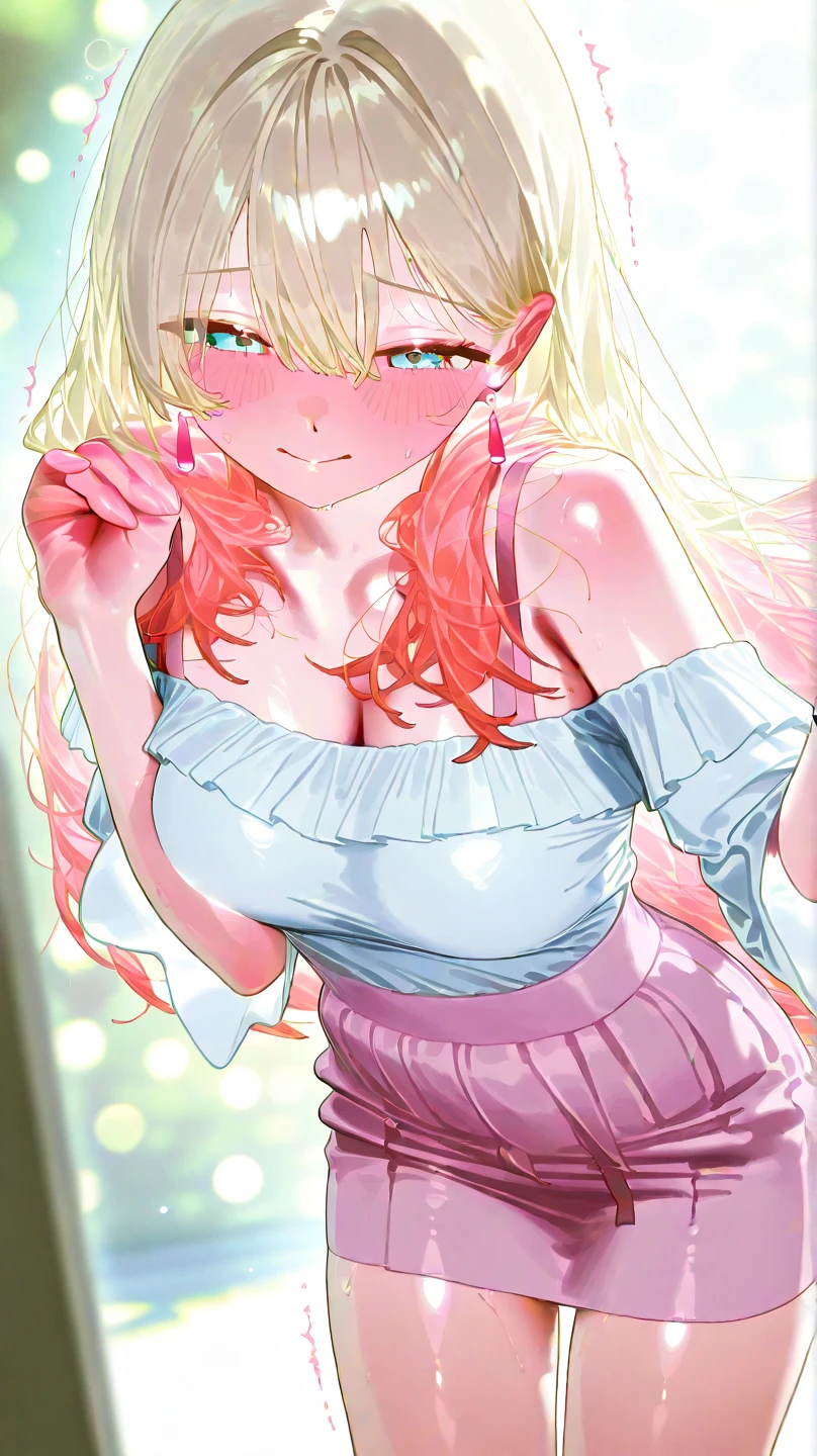 (gigantic breasts),solo,gyaru,nagatiti,eyeshadow,blonde hair,pink hair, Embroidery, bras, panties, tattoo,(long Wave hair, gradation hair),bare forehead,smile.ω,half eye,dynamic angle, pov ,upper body,Changing room, hot spring inn,