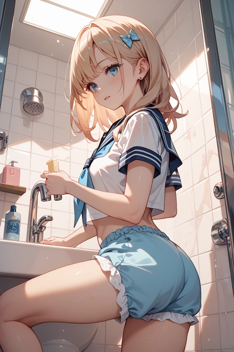(large hips), back view, Highest quality, Super detailed, masterpiece, Ultra-high resolution, 8K, High Contrast, (Sailor uniform, micro mini skirt, light blue striped see-through panties, Sticky panties, cameltoe, beautiful ass), (bare back, crop back), [1girl, kousaka kirino, ore no imouto ga konna ni kawaii wake ga nai], Sideboob, black stockings, (Thighs), (Curvy waist), Shower room, (from above)