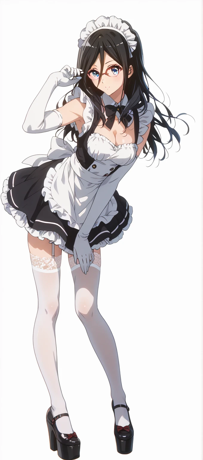 {best quality},guest room、long black hair、2５Old woman、Big beautiful breastaid outfit、short　skirt、maid cap、playful smile、Low angle、cowboy shot、looking at the camera