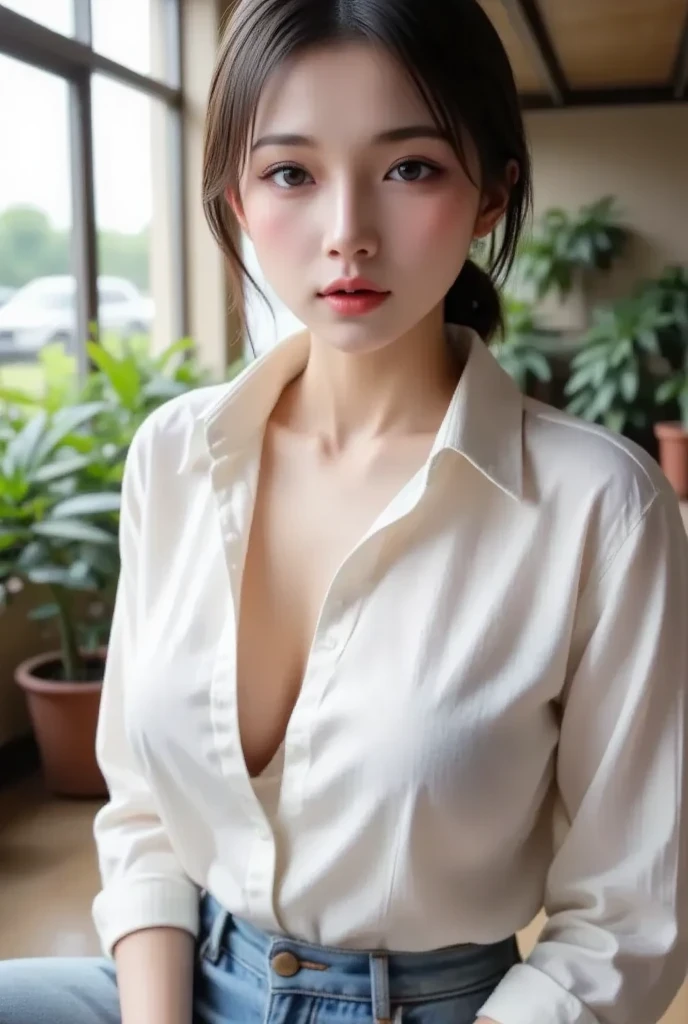 absurderes, Raw photo, Extremely delicate and beautiful, masutepiece, Best Quality, Ultra High Resolution, 16 K, hyper realisitic, Realistic, Photorealistic, Photorealsitic, Ultra-detailed, Perfect Anatomy, super detailed skin, Perfect figure, Very detailed CG 8k wallpaper, in her 20s, Very slim body, Narrow waist, Very small head, Very small face, Delicate facial features, tear moles, Earring, thin legs, (very massive round chest), ((Full body shot)), Short hair, (Wavy Hair), (light brown hair), (Wet clothes), (1 rapariga), (((Office Lady Suit))), ((dress shirts)), ((Bra visible through clothes)), See-through, Jacket,