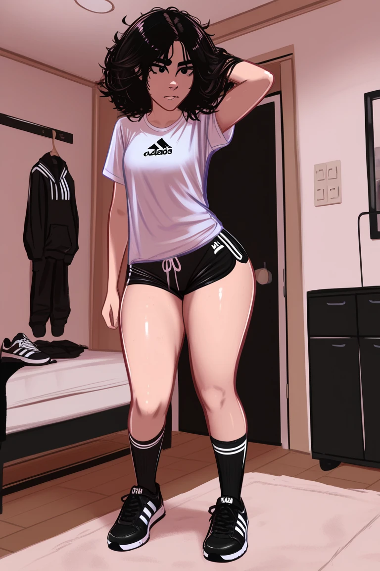 [kitty katswell], [Uploaded to e621.net; (Pixelsketcher), (wamudraws)} ((masterpiece)), ((high res)), ((HD)), ((solo portrait)), ((full body)), ((bird's eye view)), ((feet visisble)), ((detailed fur)), ((detailed shading)), ((beautiful render art)), ((intricate details)), {anthro; (slim figure), (skinny), (beige fur), black nose, (cute green eyes), (long eyelashes), short black hair, (long fluffy tail), (small breasts), (slim waist), (curvy hips), (beautiful legs), (beautiful feet), (blushing), (tired), (blank expression)}, {(black tee shirt), (white pajama shorts)}, {(hand in hair), (looking at viewer)}, [ambient lighting, living room, couch, sun rays]