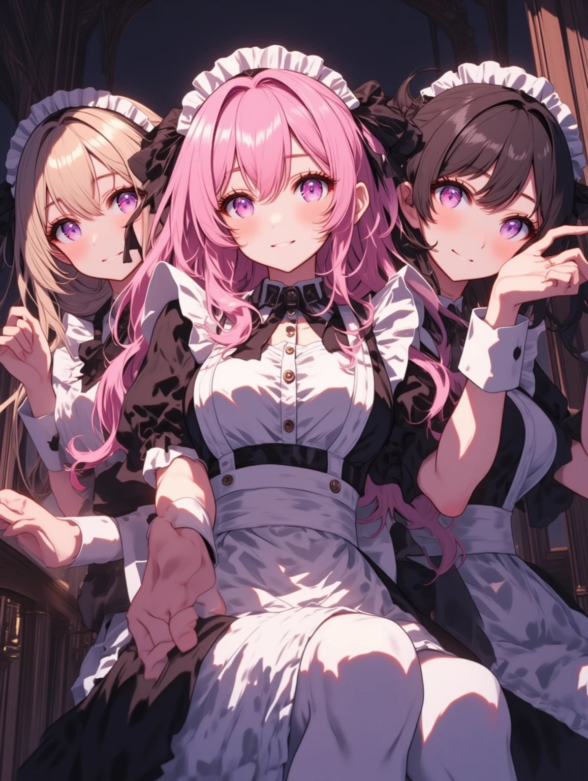 nsfw,((one man and one woman,having sex)),on stomach,from behind,linnie, bangs, (purple eyes:1.1), twintails, hair ribbon, pink hair, horns, black ribbon, demon horns,long sleeves, dress, ribbon, frills, puffy sleeves, black ribbon, juliet sleeves,Highest image quality,masterpiece