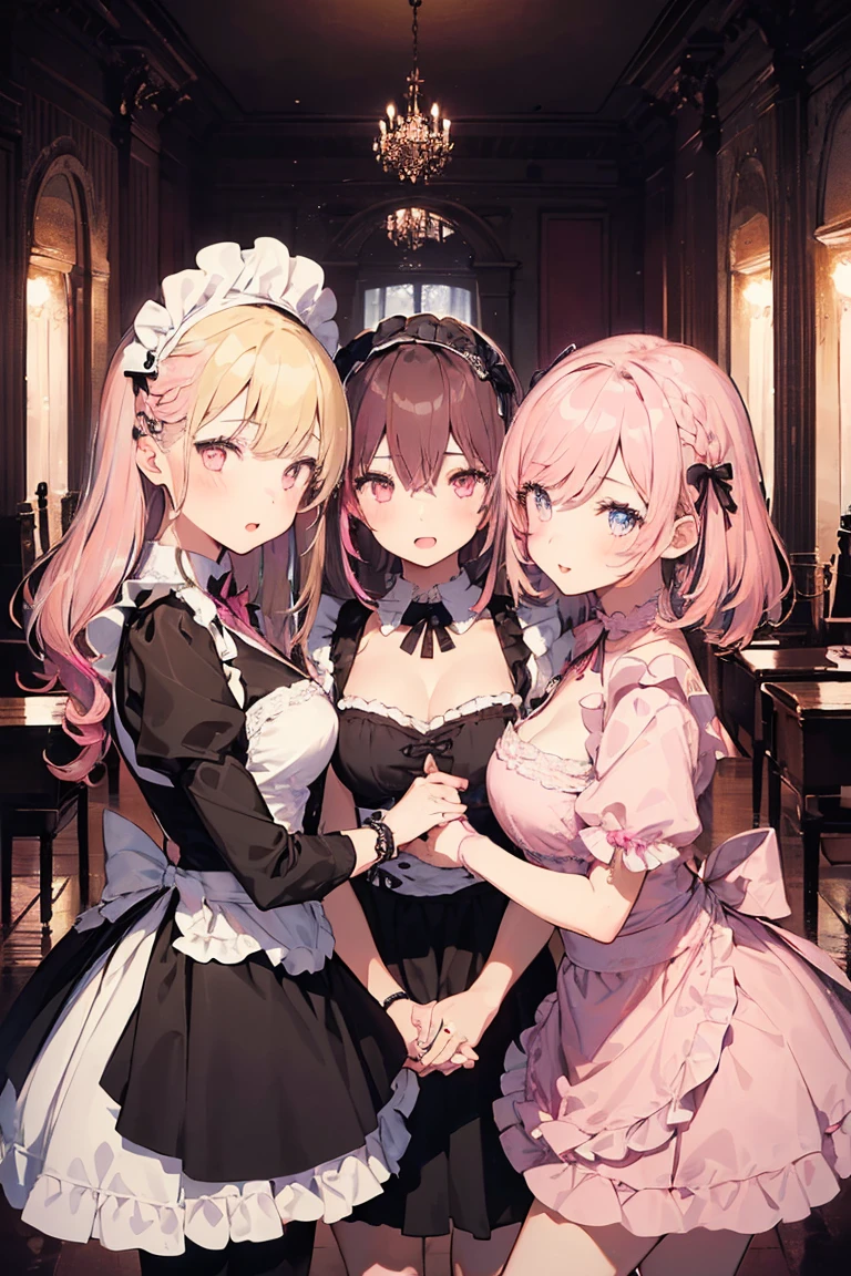 ((highest quality)), ((masterpiece)), (detailed), Perfect Face、Naughty、girl、blue eyes、Pink Hair、cute、she、I like you、Mom、milk、Breast milk、apron、Upper Body