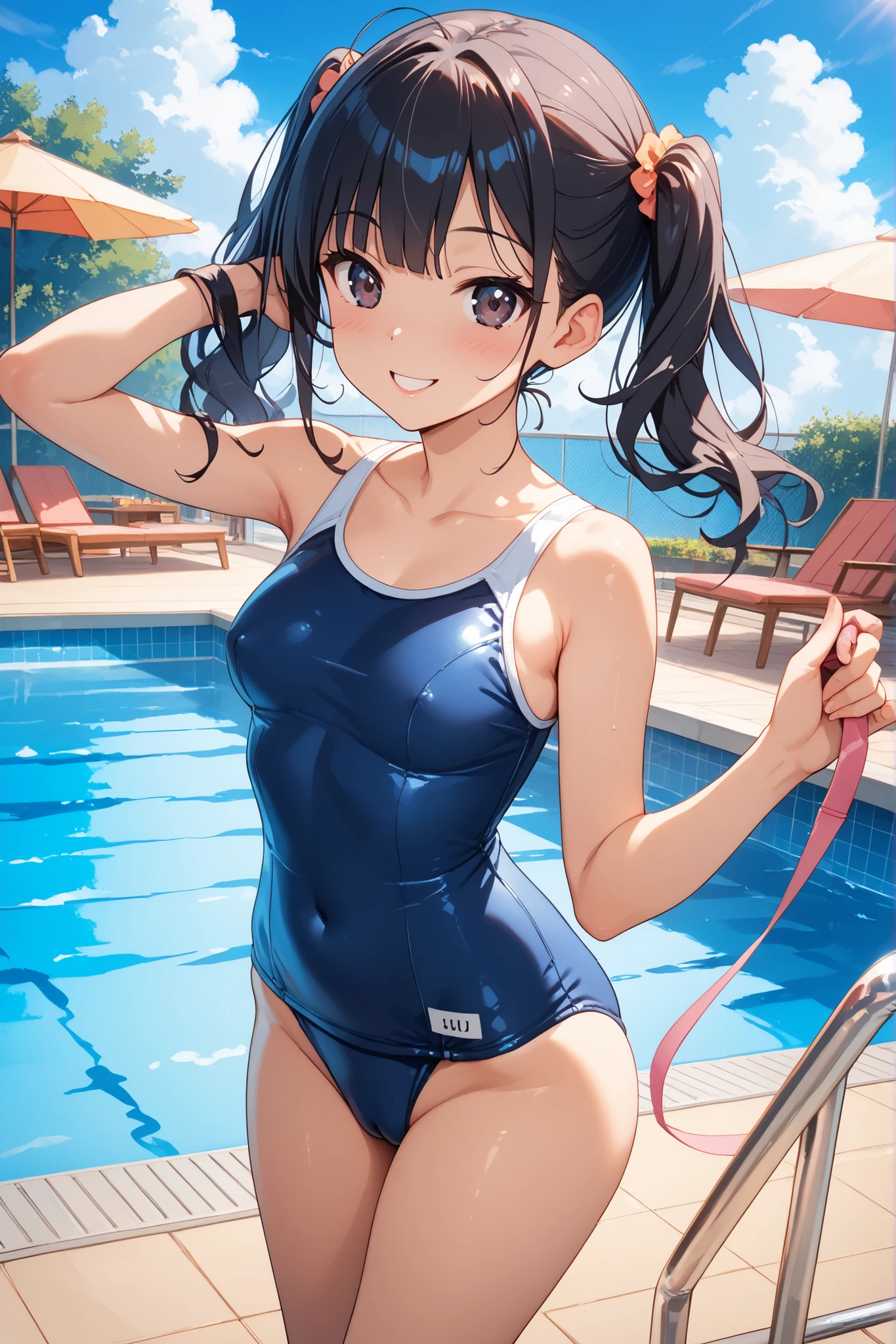 (masterpiece:1.3), (ultra detailed:1.2), beautiful detailed eyes, ultra-detailed,
very long twin tails, brown hair,
((school swimsuit)), Highly detailed glossy skin, Dark blue one-piece swimsuit, (Swimsuit with wet and shiny details: 1.2),
Wet and shiny thighs, evil grin,
