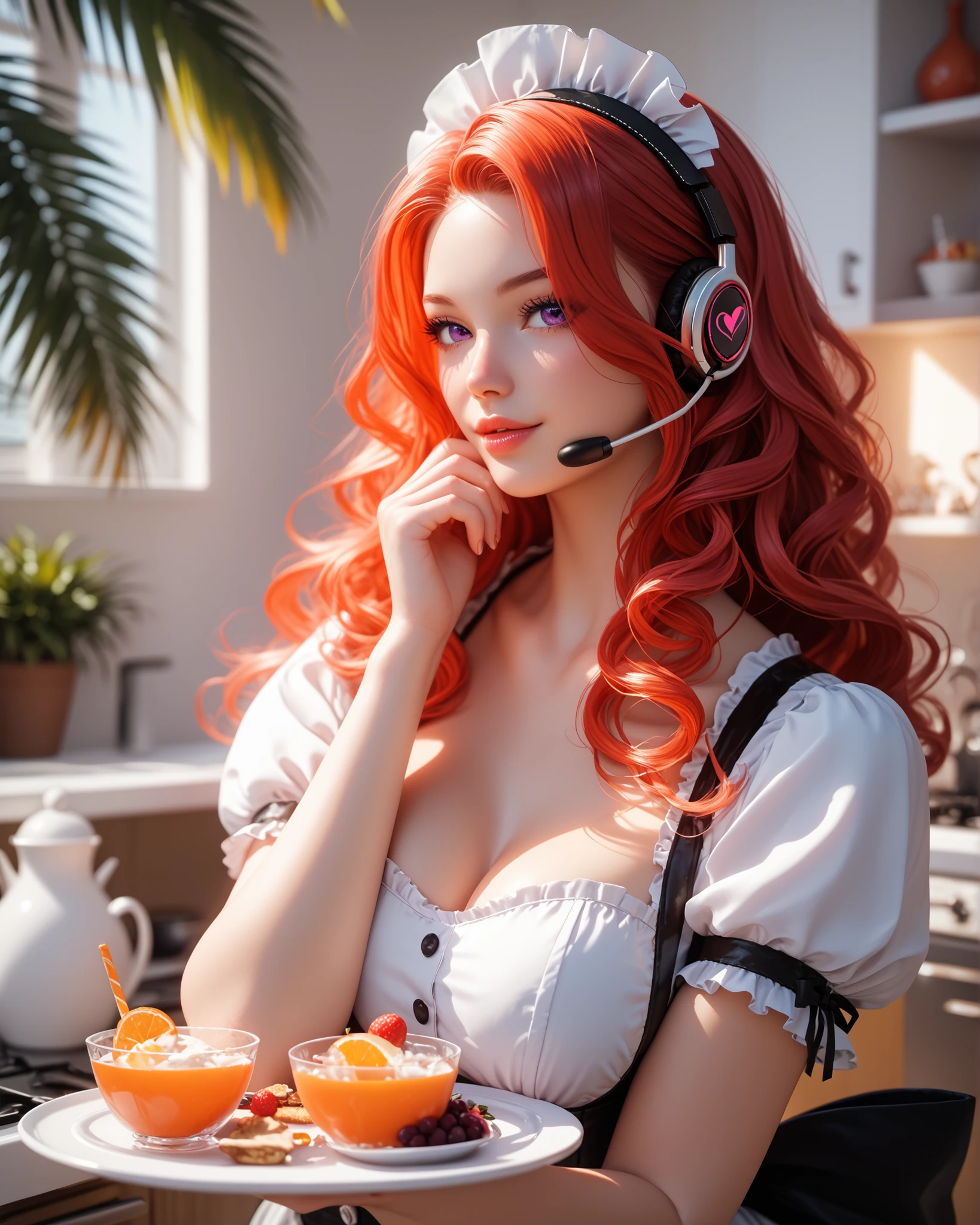 Masterpiece, detailed image, perfect human anatomy, perfect face, a beautiful woman, (nice curves), with long red hair with pink tips and bright purple eyes, (eyes rich in detail), (eyes detailed) flowing pink and orange ombre hair, wearing a black cat-ear headset, wearing a maid outfit, close up, open palm, a mini chibi-style version in the palm of the hand with a waiter's tray, kitchen setting, perfect lighting, the art style is detailed and colorful, with soft dynamic lighting and slightly 3D anime shading, in high resolution.