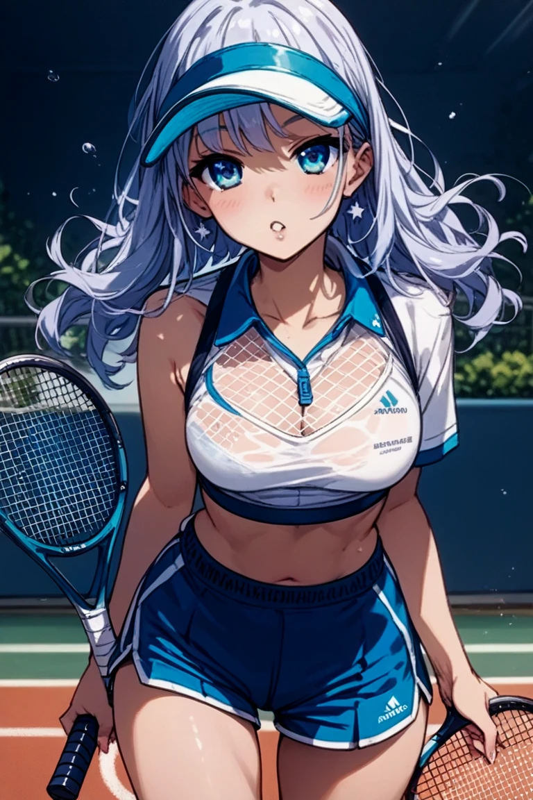 (masterpiece、Highest quality、))、beautiful detailed eyes 、ultra-detailed、 , Gray Hair、Ahoge、Long Hair, Blue eyes、ponytail 、big breasts、blurry background、bashful、pinup, play tennis, (swing tennis racket:1.1), wear tennis uniform, in Tennis court, (moving:1.2), tennis ball, hit the ball with a racket, some players、Panty shot、windy,floating hair、floating skirt、open clothes、cleavage、