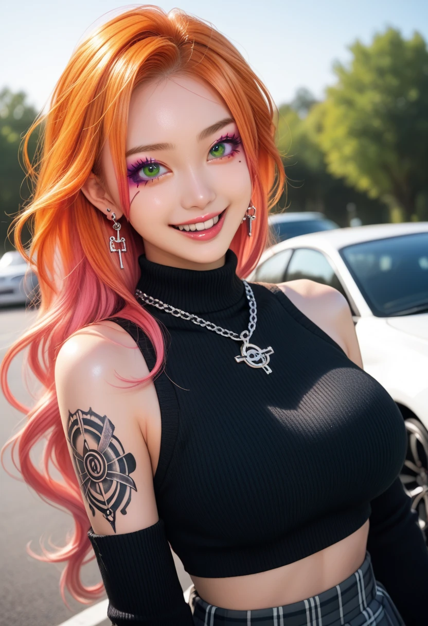 Bright neon hair Portrait shot of a 21 year old female in Japanese city in the 80s wearing cute 80s fashion and seikochan cut at night with neon signs and looking at viewer smiling with ((vintage photo quality)) and ((film grain)) deep tank skin with heavy freckled skin ear gauges pointy ears large golden orange eyes with red in the center, long soft ponytail hair with harajuku accessories