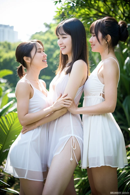 3 young girls, slender, line up regularly, nature photography event in a flower field, black hair, hair bun, thighs, navel, (small breasts:1.2), happy eyes, (cheerful smile:1.2), shiny clear skin, masterpiece, high quality, photo realistic, arms behind back, close up upper bodies, healthy and confident and peaceful and friendly and relaxing, looking at viewer