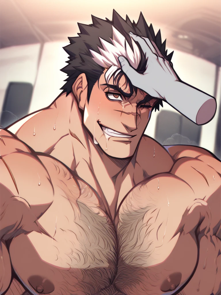 Front view, (modern):1.8 full height, anthro (horse), male, equine, adult, solo, muscular:1.2, thick:1.4 build, tall, ((black shorts)), big paws, correct anatomy, wolf tail, , (grey fur, short white hair, detailed fur:1.4), glasses, (high quality ultradetailed:1 blue eyes), workout background, (masterpiece:1.2), epic, natural lighting, (by takemoto arashi, by meesh, by Taran Fiddler)