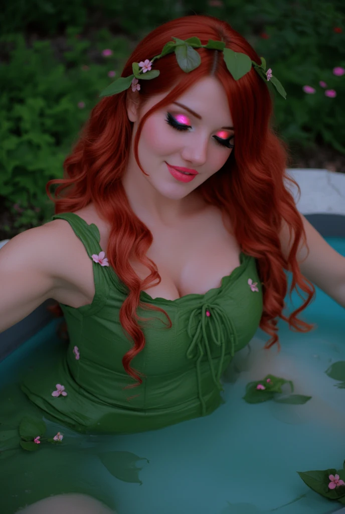 curvy, Caucasian, woman, flowers, candles, forest, Auburn hair, sexy look, fantasy, water, beautiful blue eyes, goddess, romantic, moody, night moon, bath, lingerie, floral tattoos, forest clothes, small breasts