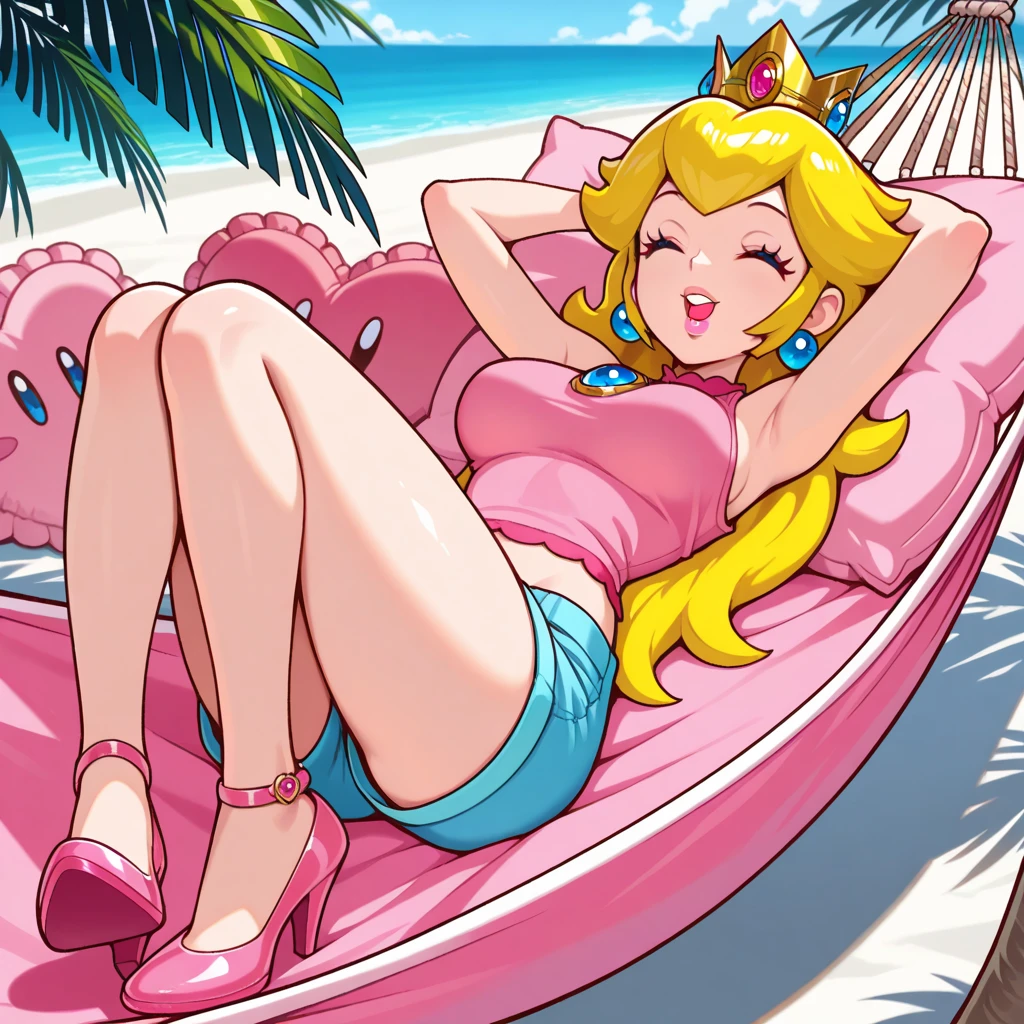 <lora:cutesexyrobutts_v2:0.7>csr style,((masterpiece)),((best quality)),((high definition)), pastel color, beach, outside, palmtrees, looking at viewer, sexy, sitting on beach chair, beach chair, pony tail, navel, large breasts, bikini, wide hips, pink bikini, bikini has frills, princess peach, blue eyes, blonde hair, long hair, smile. closed mouth, <lora:PrincessPeach1:1>, parted lips, hot pink lipstick,