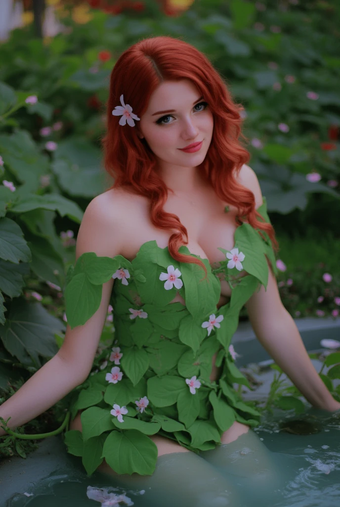 arafed woman in a green dress sitting in the woods, amouranth, queen of the forest, fey queen of the summer forest, glamourous cosplay, triss merigold cosplay, better known as amouranth, goddess of the forest, amouranth as a super villain, fantasy photoshoot, red haired goddess, forest fae, 🌺 cgsociety