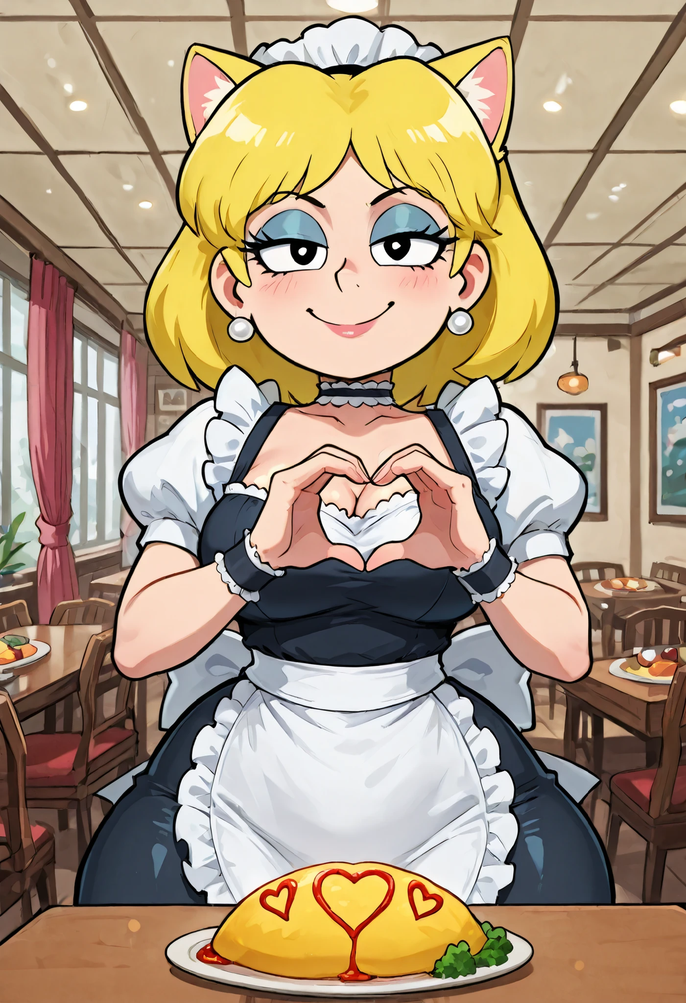 Lori Loud. medium breasts, huge hips, blonde hair, black eyes, blue eyeshadow, pearl earrings, white earrings. choker.| Catgirl, maid, indoors, table, food, curtains,heart hands,omurice, cute , smile, restaurant, maid Cafe, cleavage, smug, kawaii style