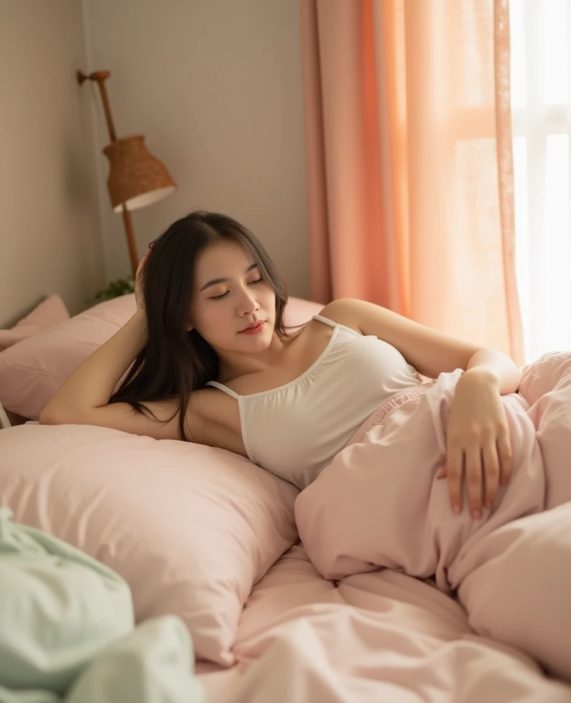 Sleeping girl, 22 years old, realistic, she is wearing long pants, she is wearing pink pajama, brown hair.