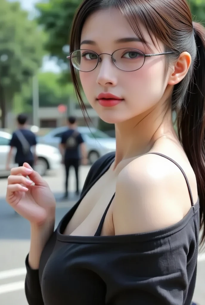 (Best quality, masterpiece, detailed), (RAW, 4k, hd images), 1 girl, 17 years old, white skin, long hair, ponytail, layers hair, bangs, black hair, beautiful girl, cute girl, sweet girl, pretty girl, perfect girl, perfect body, pretty eyes, blue eyes, thin lips, (eye line, lip soft), perfect round breast, glasses(detailed frame), simple background, smile, waist, hoodie open zipper, modeling pose, free style pose, random angle capture, cleavage, outdoors