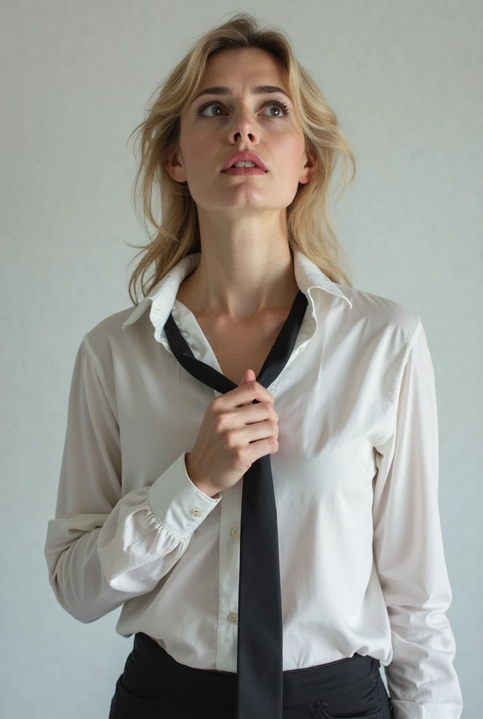 (best quality, masterpiece:1.4), absurdres, ultra-detailed CG, 8k, high detailed, beautiful face, detailed face, 1girl, solo, power \(csm\), (horns, blonde hair:1.4), symbol-shaped pupils, sharp teeth, white shirt, black pants, necktie, jacket, toned, shiny skin, head tilt, standing still, ((grey background)), bloom, light particles, depth of field, cowboy shot, straight-on,