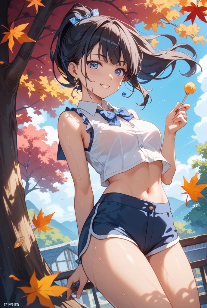 highest quality、High resolution、detailed background、cute10代の少女、(two women:1.5)、brown hair、bob cut、ponytail、huge breasts:1.3、brightly colored sailor suit、navy pleated mini skirt、white overknee socks、Floral embroidered panties、floral embroidered bra、She shows me her panties with a happy expression.、underboob、Laugh playfully、smile、camel toe、cute