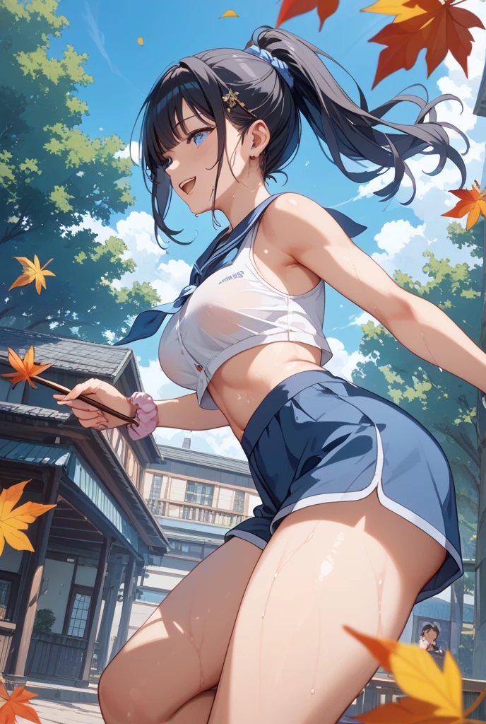 Green eyes, long black hair, crop top, white sweatpants, female karate, hair tie, sneakers, white stockings, muscles, sweating