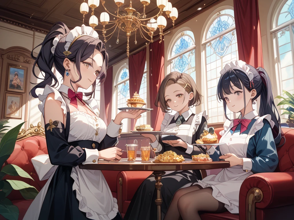 (Highest quality, masterpiece), (Ultra-high resolution, 8K RAW Photos, Photorealistic:1.5, Cinema Lighting, Fabric Shading, Thin contours, Clear focus:1.2), Beautiful mature woman making tea_Garden party, Standing by the round table, Serve tea, Leaning forward, (Meisen tea set, you can, Tea cup, Some cakes on a plate), Delicate and elegant French style white table with gold accents and royal_green, (茶色のMaid clothesを着ている:1.5, Cleavage, Maid clothes:1.2, Long Flared Skirt, apron, Bow tie on chest), Tall Sally, Long legs, Gray Hair, (Wearing thin glasses:1.2), (Mature Woman:1.5, 28 years old, alone), (Large Breasts, Saggy breasts, big , Tight waist), (medium short Gray Hair, Hair on one eye, (Updo:1.2), Side Lock, Asymmetrical Hair, Wavy Hair), (thin and bright pupils, Highlighted, detailed eyes:1.3, A face with attention to detail, perfect face shape, Bloodshot eyes), (A seductive smile, Half-close your eyes:1.2), (Looking at the audience:1.3), (Dutch Angle, whole body:0.7, From below:1.2), ((Correct Anatomy:1.5, The right move)), (Ideal body proportions), (Outdoor:1.2, grassland),