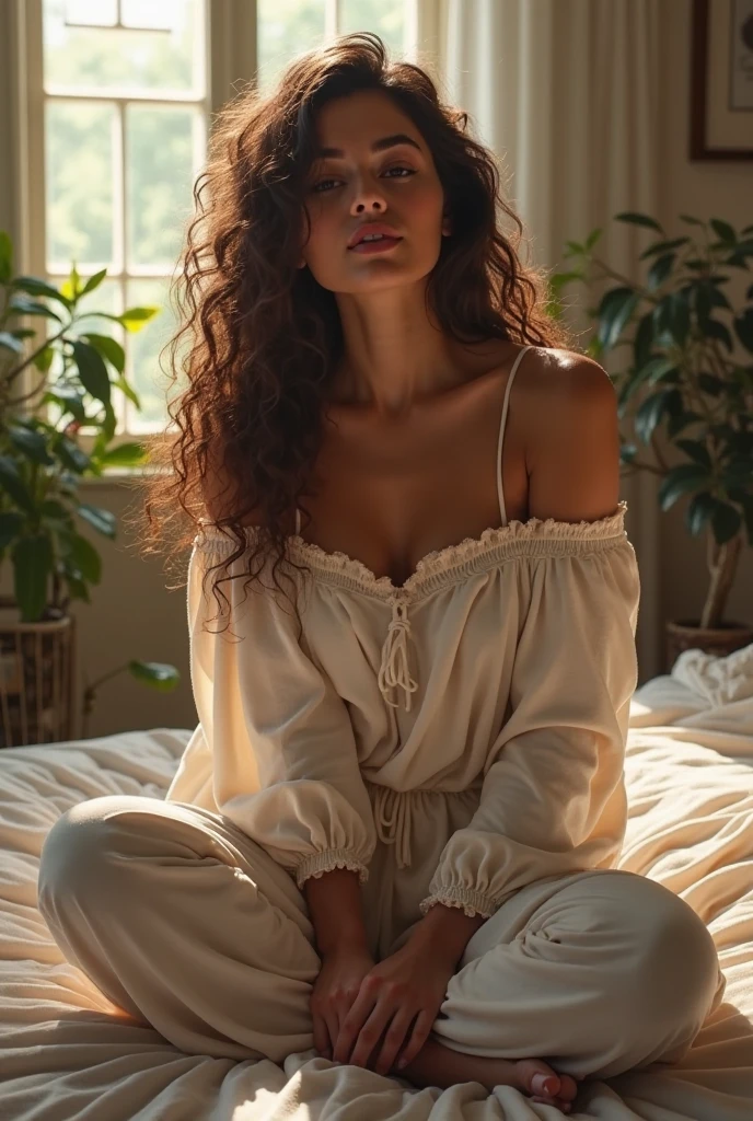 (photorealism:1.2), beautiful woman, sitting on bed, wearing loose off-shoulder top, pajama pants, long curly hair, indoors, soft lighting, plants in background, window with sunlight, cozy room, relaxed pose, realistic, intricate details, warm colors, by Greg Rutkowski, by Alphonse Mucha