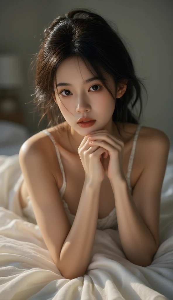 Best quality, masterpiece, ultra high res, (photorealistic:1.4), raw photo, 1girl, offshoulder, deep shadow, low key, cold light, chiaroscuro, grey background