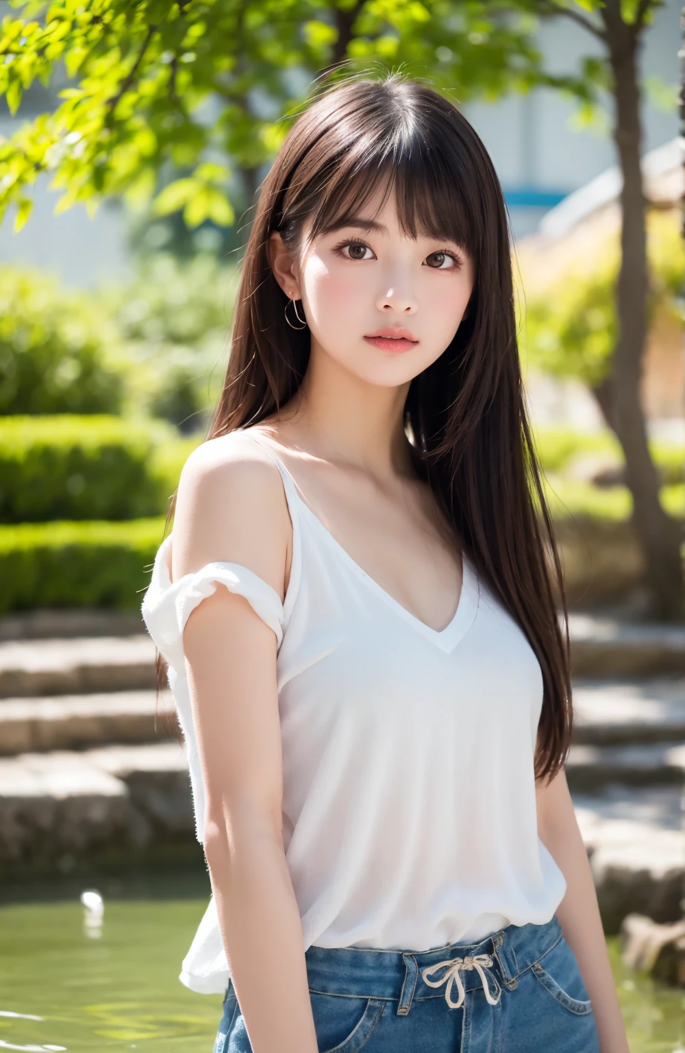 A Japanese lady, skinny figure, small breasts, extremely thin waist, beautiful face, beautiful eyes, natural make up, black straight hair, long hair, wearing a tight white dress, looking back for a viewer, 1girl in, solo, detailed face and detailed eyes, detailed fingers and arms. Full body photo. Realistic, Photorealistic.
