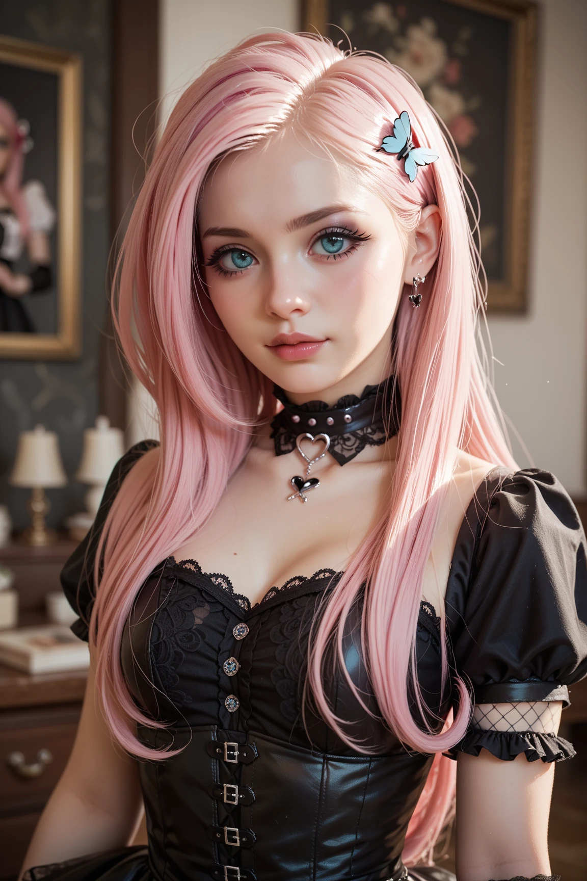 (UHD, retina, masterpiece, ccurate, anatomically correct, textured skin, super detail, high details, high quality, best quality, highres, 1080P, HD, 4K, 8k, 16k), (beautiful detailed eyes, beautiful detailed lips, extremely detailed eyes and face), studio lighting, physically-based rendering, vivid colors, (big tits, super big tits, super extra big tits, glamorous body), (gothic dress), (portrait, shiny hair, shiny skin), [stained glass window, bokeh], (tilt your head to the side:1.5), eye reflection, (blush:1.5), (gothic art, pale skin:1.5), monochrome, (preschool girl:1.5),