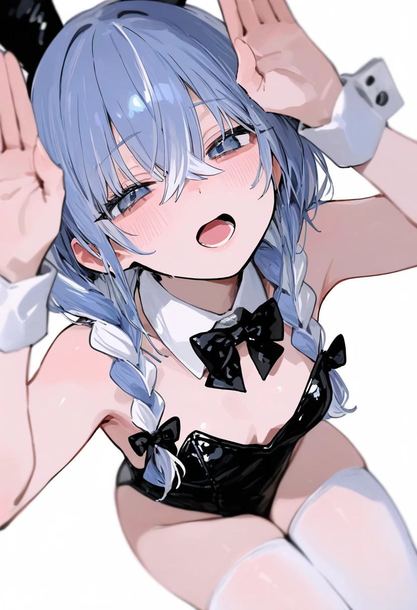 (masterpiece), highly detailed, best quality, (high resolution), 8k, 1girl, NSFW, (small breasts), ???, child, long_hair, blue_eyes, parted lips, hair_between_eyes, grey_hair, white_hair, (embarrassed:1.2), immature, visible air,wariza, sitting on bed, (black playboy bunny), (messy hair:1.4), (close-up), nose blush ,(vulgarity:1.1),(fucked silly:1.1),(steam:1.1),(wet:0.7),(tears:0.8),(sweat:1.1),after sex,(heart:1.3)