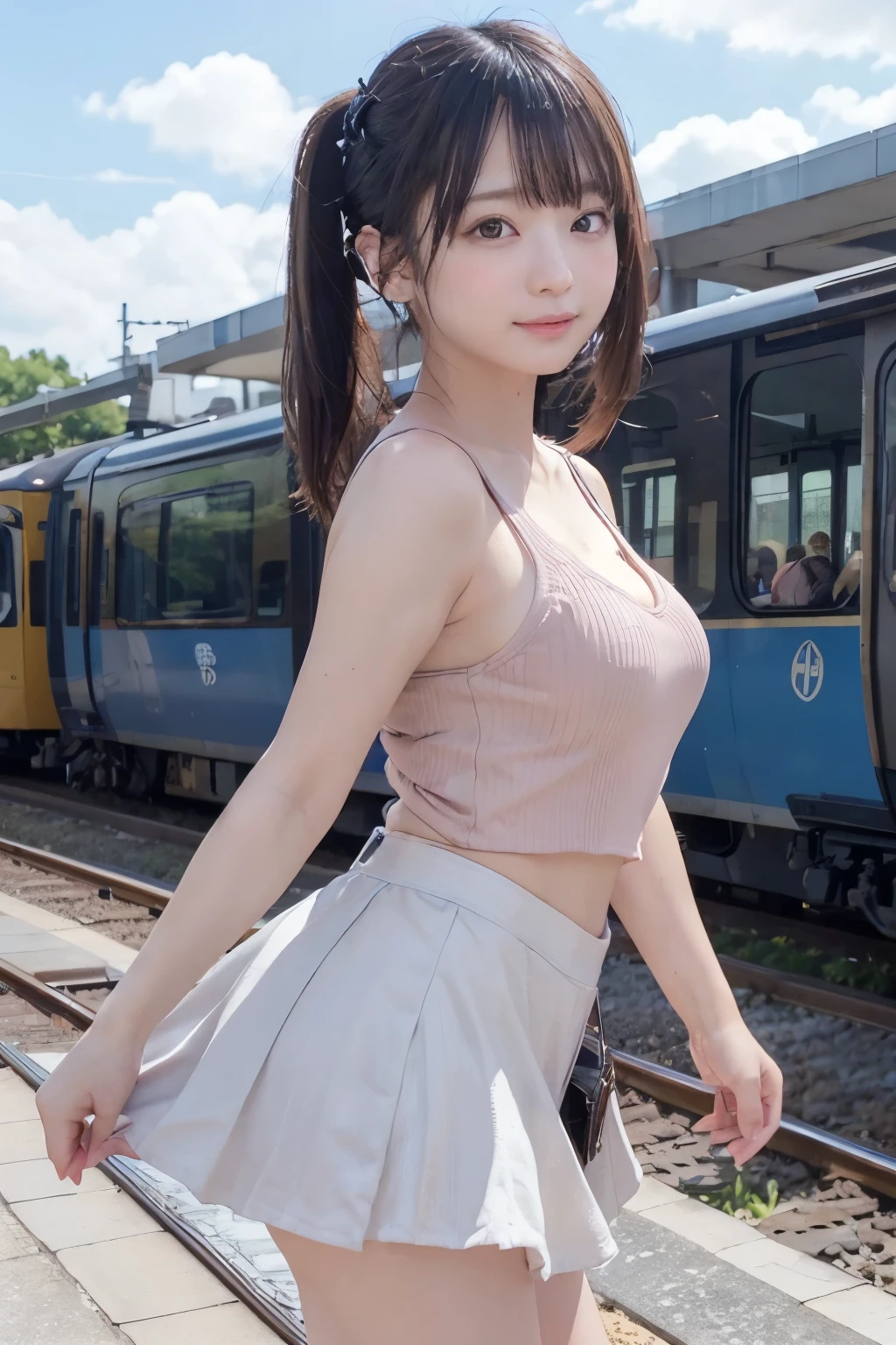 ulzzang -6500-v1.1, (Raw foto:1.2), (Photorealsitic:1.4), a beautiful detailed girl, extremely detailed eye and face, Beautiful detailed eyes, Ridiculous, Unbelievably ridiculous, huge filesize, ultra-detailliert, hight resolution, ighly detailed, top-quality, ​masterpiece,, ((Slender body type)),gravure, ighly detailed, nffsw, unification, 8kwall paper, splendid, finely detail, ​masterpiece, top-quality、8K、wall-paper, Light on the Face、电影灯光、24-year-old girl、((Slender body type))、((dynamicposes)))、(A big smile)、(Transcendent Beautiful Girl)、(Random hairstyle)、())、Whole human body、stick out buttocks、Depicted mainly on the buttocks、Tight buttocks、I can see the cleavage、I can't wear underwear、Japan commuter trains、Inside a crowded train、posterior view、no panty、Exposed genitals、