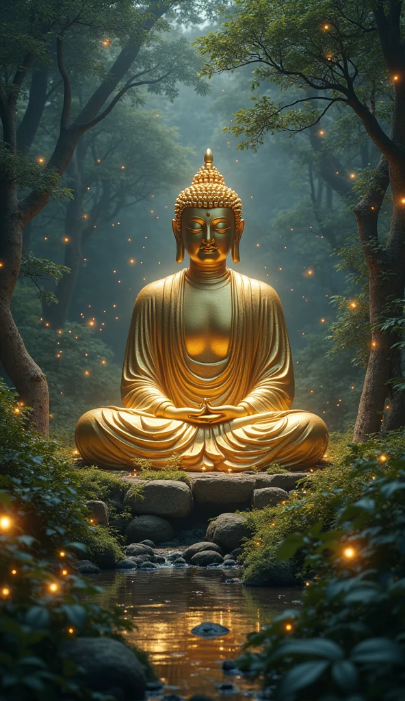 digital buddha statue with visible circuits, highly detailed, hyper realistic, intricate details, glass, shiny, reflective, glowing aura, dramatic lighting, cinematic composition, serene expression, peaceful meditation pose, ornate decorations, gold accents, natural environment, lush foliage, sunbeams, photorealistic, 8k, masterpiece, cs-m3tal-ok_v06-1000