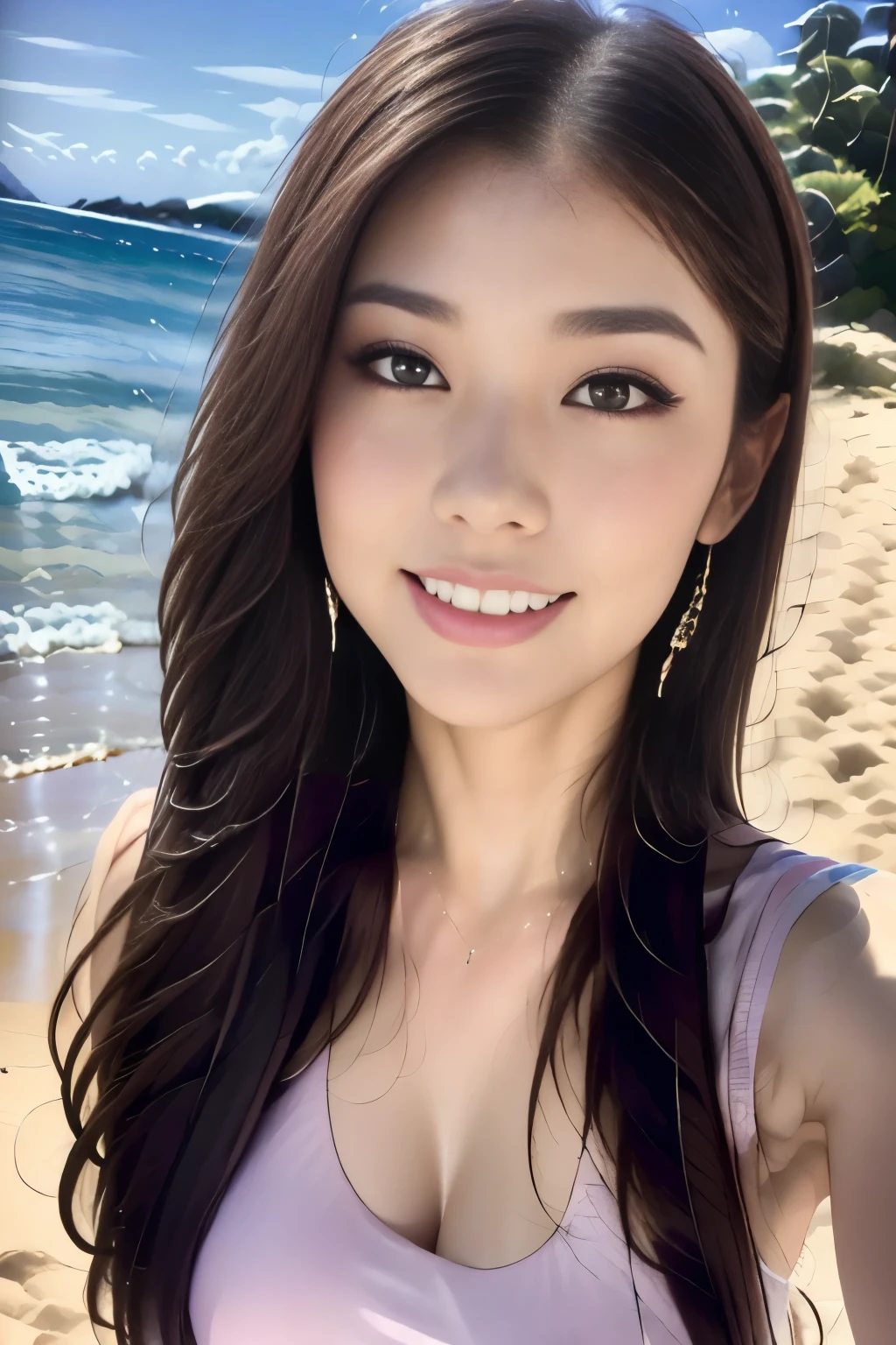 Realistic, 3 beautiful Japanese gals, Selfie, Face Enhancement, Face Zoom, Big smile, Long blonde hair, Wavy Hair, Dark Skin, Beach, bikini, Looking up from below
