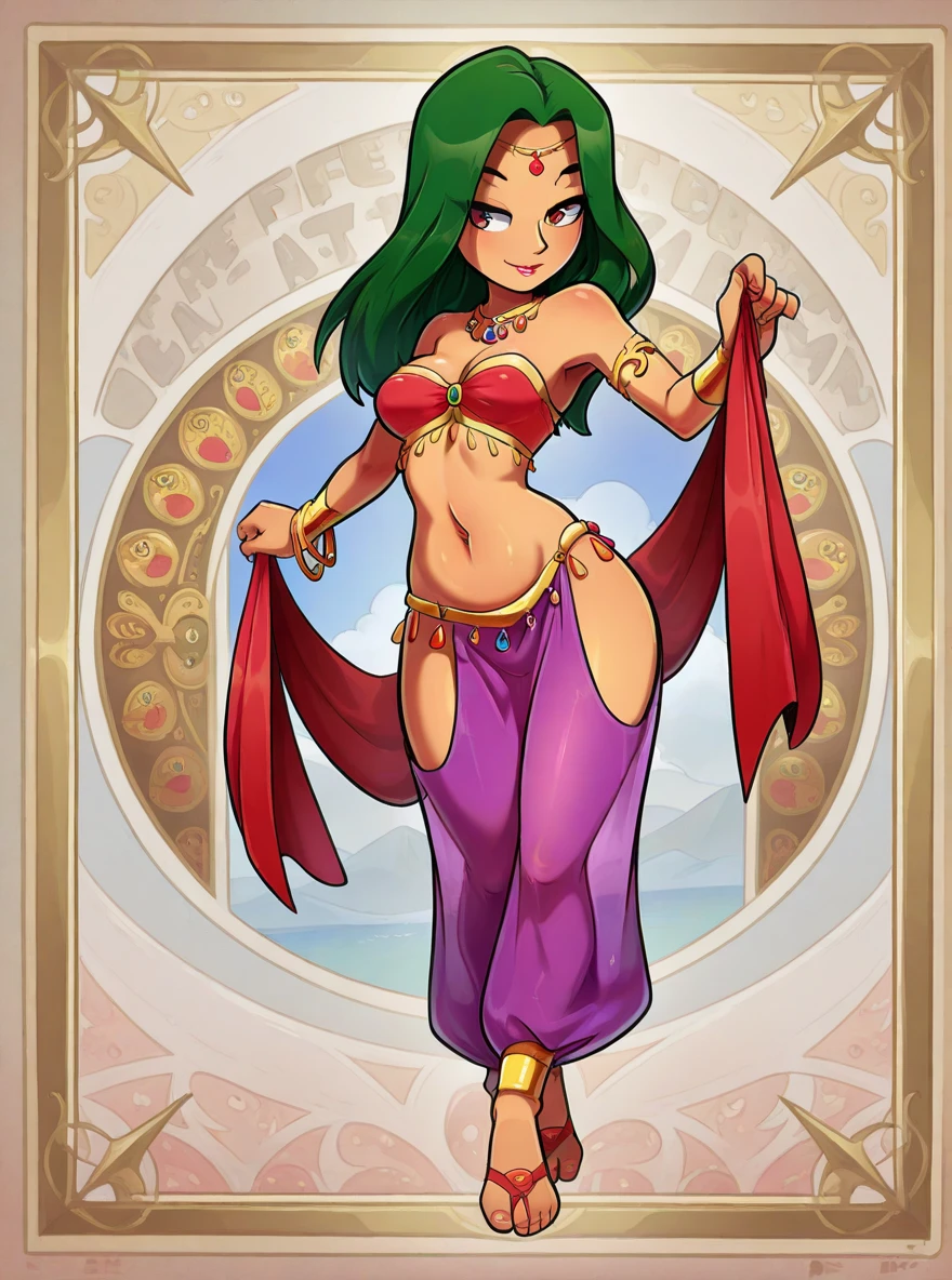 Verde the female wolf, green belly dancer outfit, green hair, red lipstick, green boots, full body, tiny toons style