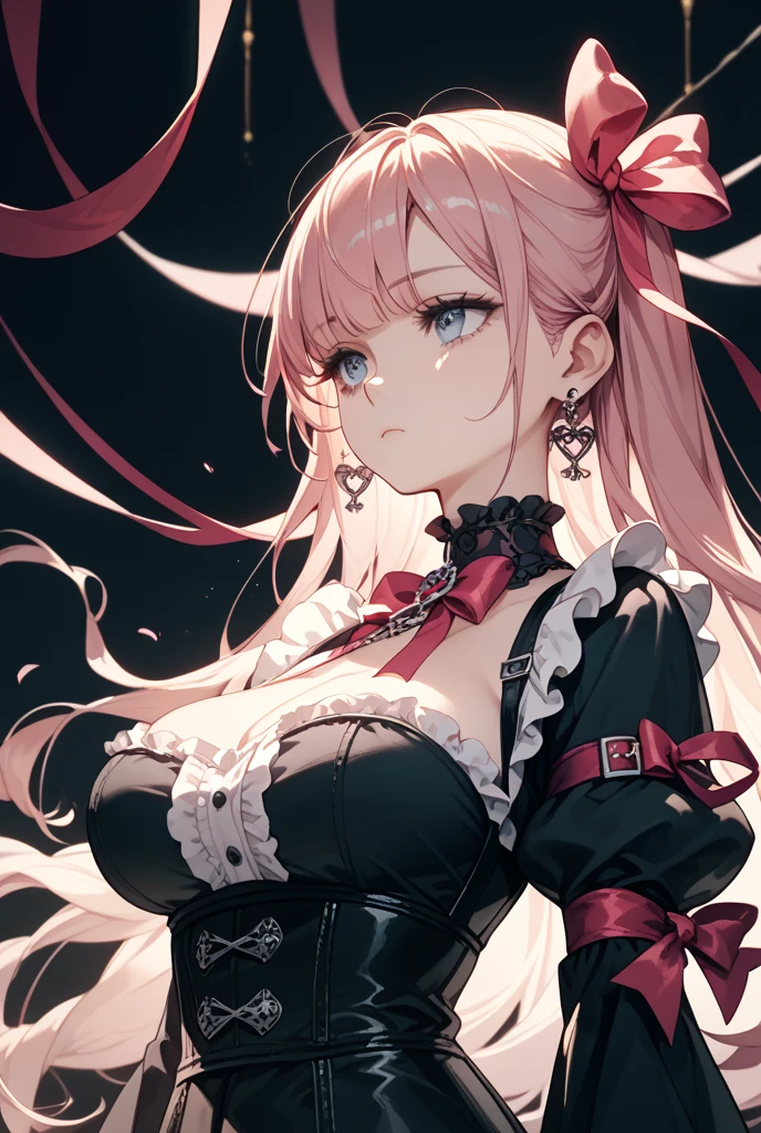 Cool women、sexy、Center of chest、Rize from Chainsaw Man、beauty、Yandere、、Face close-up、Chest tattoo、Red lace、necklace、(look up)、(Pink Hair)、(Angle from the buttocks).(alone)、(black lace mask).((Bunny girl)).