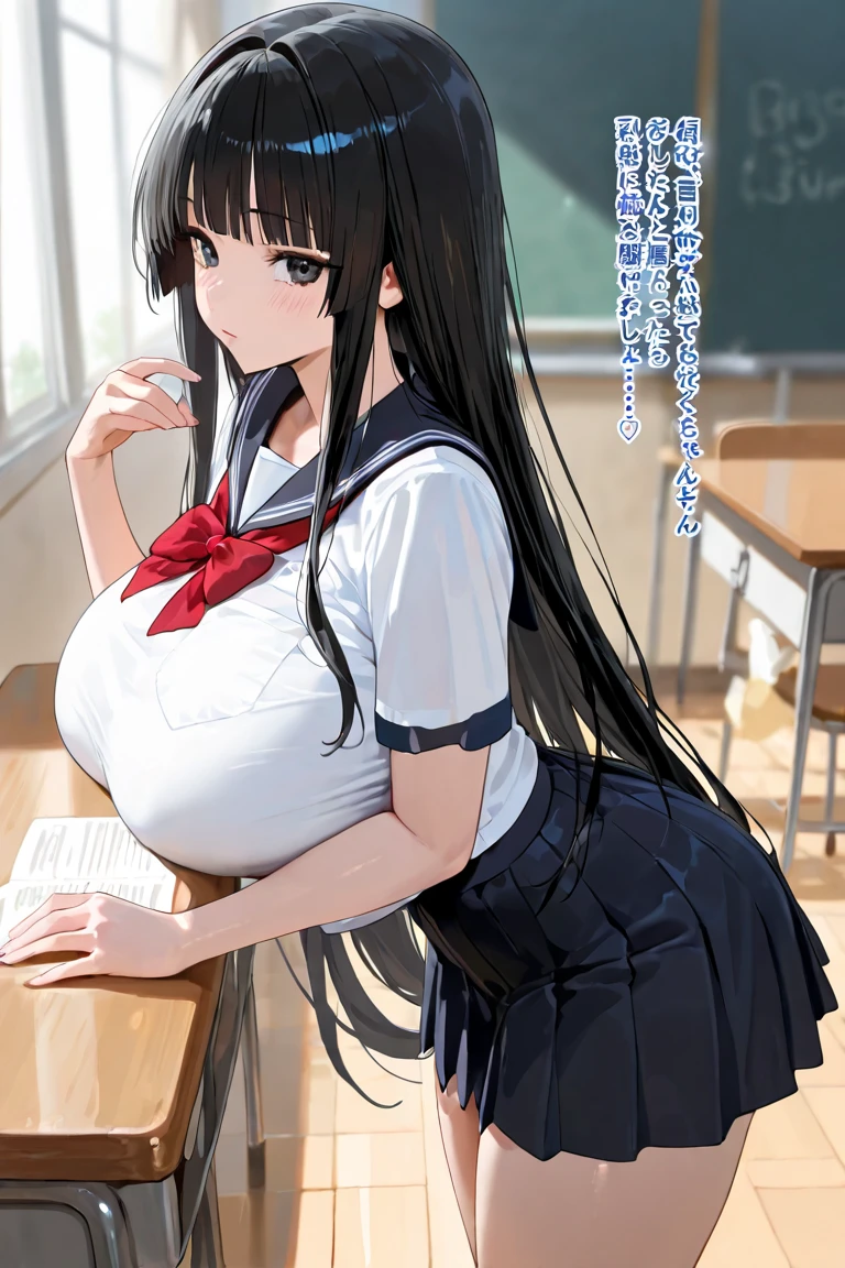 ((masterpiece, best quality)), High resolution, distinct image, (1girl), (solo), (female Focus), sitting on chair, (gotich style, black school uniform, eye patch, bandage at harm), (long black hair), (red eyes), (eyelashes), (large breasts 1.4), classroom, school oficial art,