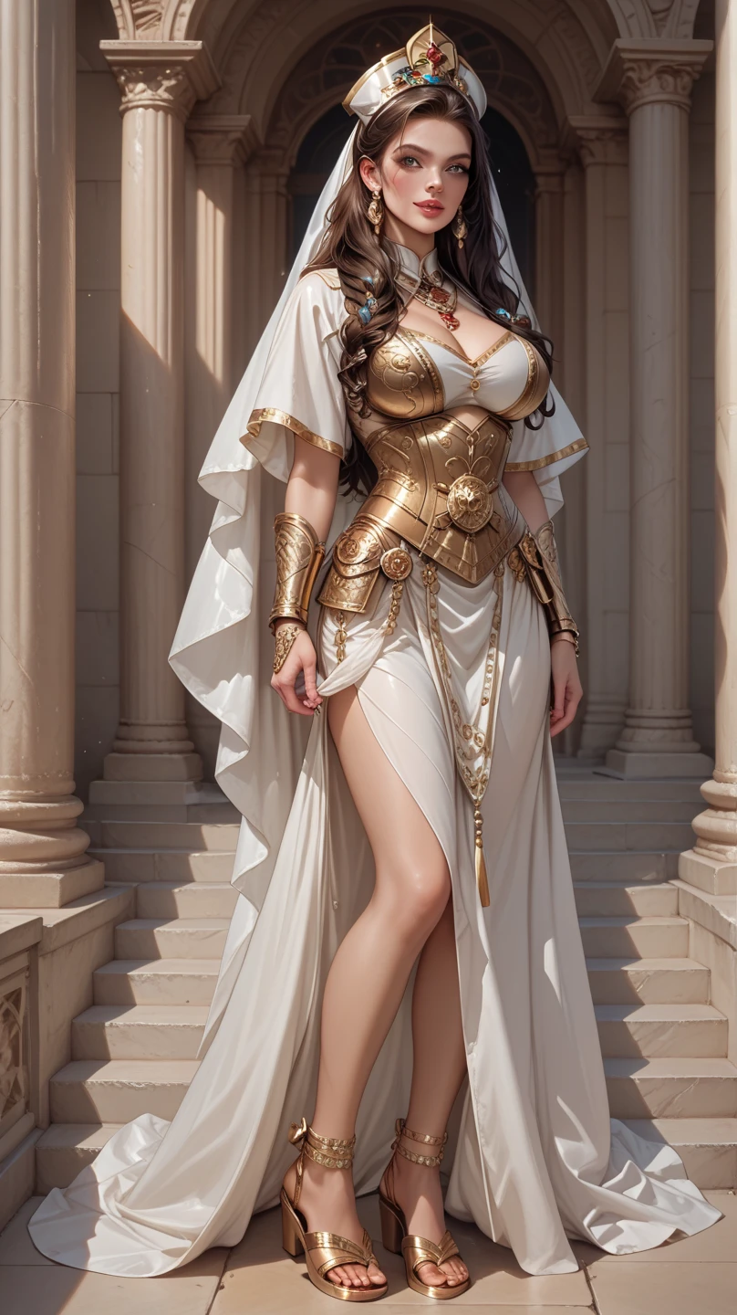 Create a highly detailed and realistic image of the Greek goddess Athena standing amidst ancient ruins. She is dressed in flowing, elegant white robes, with a golden trim, and holds a shield emblazoned with the face of Medusa in one hand. In her other hand, she wields a long spear with a golden tip. Athena's expression is calm and resolute, and she wears a golden helmet adorned with a red plume. A wise owl flies near her, symbolizing wisdom, and the background features the remnants of an ancient temple, with columns and stone debris, bathed in soft, ethereal light. The overall atmosphere is serene and powerful, with a subtle mist enveloping the scene, adding a mystical quality to the image