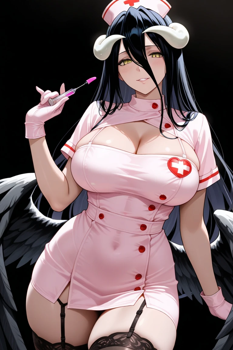 (((top-quality))),((​(masterpiece))),(((detaileds))),(nsfw),(((high resolution))),(((Beautiful and Aesthetic Work: 1.5))),(Ultra High Resolution), (Ultra Detail),(((Detailed background))),megami magazine,on bed,fine art,Sharp focus,Delicate and beautiful hair and eyes and face,realisticlying,orgasm,saliva,saliva trail,beautiful face,expression of ecstasy,black hair,red eyes,ahegao, blush, sweat, open mouth, rolling eyes, tears,Clear white skin,silver heir,red eyes,gigantic breasts,squatting, spread legs,nurse, nurse cap, breast pocket, collared dress, short dress, short sleeves, thighs, white dress, white headwear,stick a syringe in a nipple,Injecting into the clitoris,Lots of needles in his chest,large amount of love juice gushes out,from below,