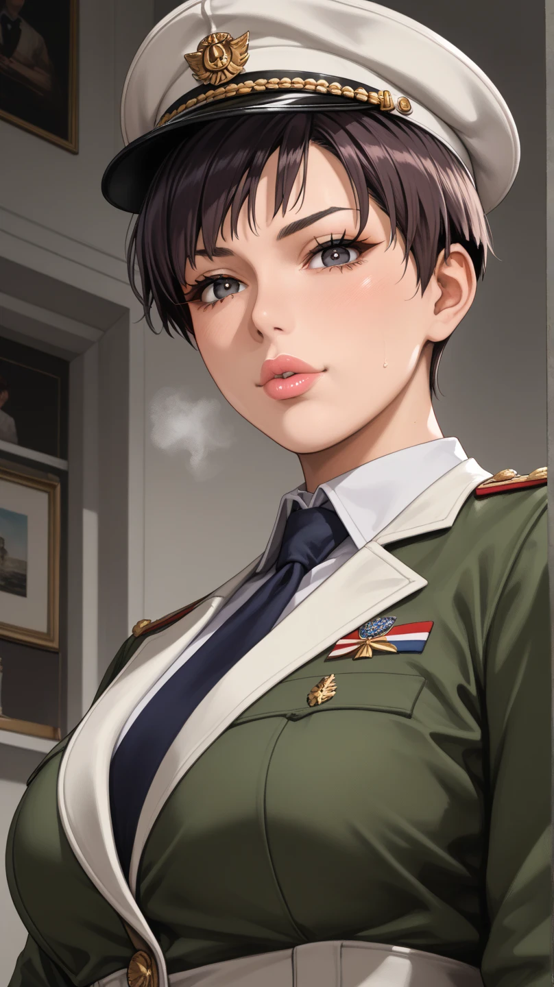 Black Hair, Short Hair, Blue Eyes, Big Tits, Uniform