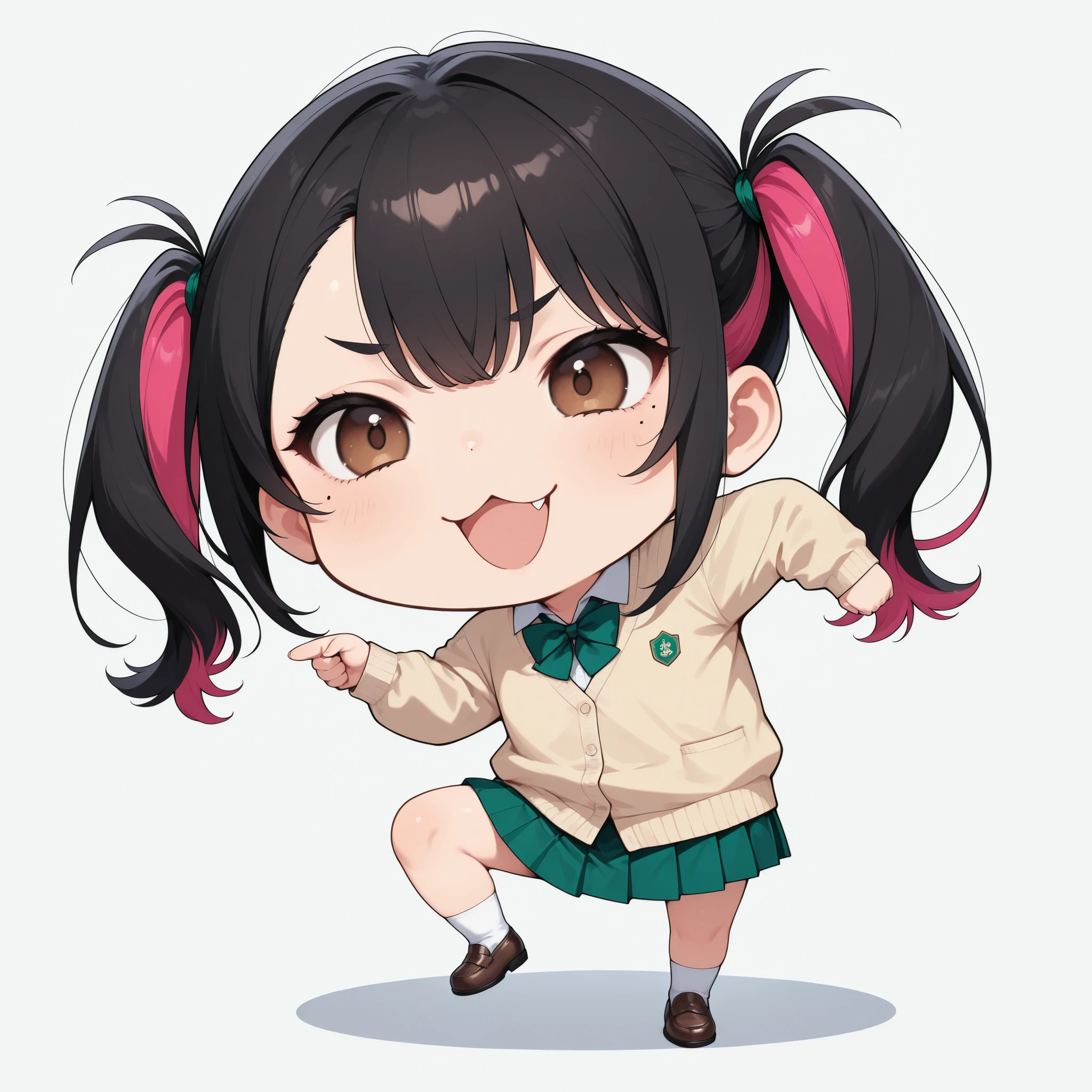 Cute girls, genba_cat, chibi, Pointing, stand on one leg, :3, open your mouth, meme, parody in hin, simple background, white background, full body, (Minami Yoshikawa, black hair with pink inner color hair, twin tails, asymmetrical hair, brown eyes, mole under the eye, slight build,), 4K High Resolution, vibrant colors彩, Highest Quality, 4K, masterpiece, Highly detailed, Studio Lighting, Super fine painting, vibrant colors, Clear Focus, extreme detail, HDR, ultra high resolution, bokeh effect ,