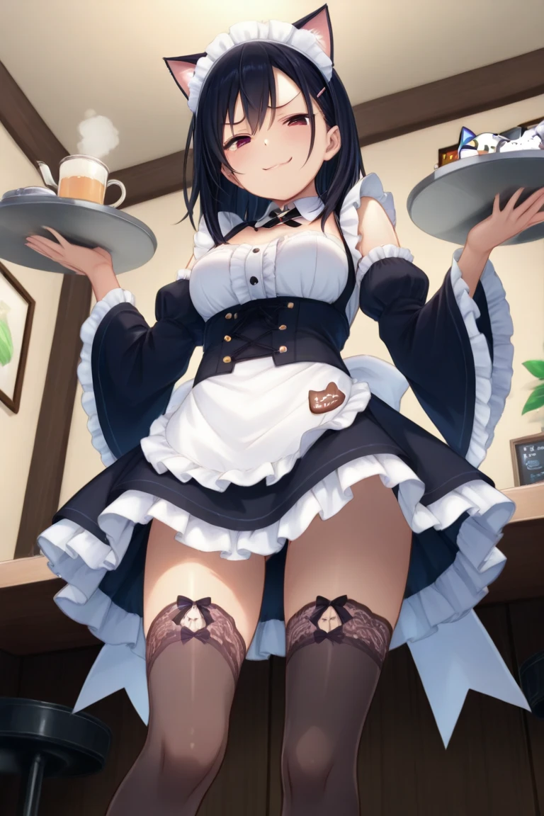 One Woman、One Man、The man is looking up her skirt、Beauty、Cafe、Cafe屋の制服、淫乱Cafe店員、Cafe店員、Age 25、Tight Skirt、Large number of customers、Looking down at the viewer, ponytail, Highest quality, Focus on the thighs, smile, Black Pantyhose, panties under pantyhose、Plump thighs、Big Ass、Big 、 Black Hair,My thighs are steaming between the legs 、Sweaty pantyhose、Angle from directly below、Waiting for Obon、Coffee cup on the tray