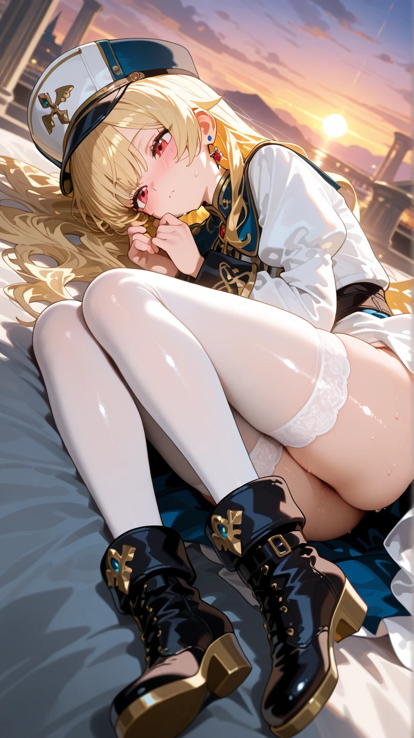 best quality,Super detailed,Perfect limbs,floor、mini skirt,Clothes with intricate details,Bright,Swimsuit,one person,blond,Sexy、Deep sleep、long hair、Stockings