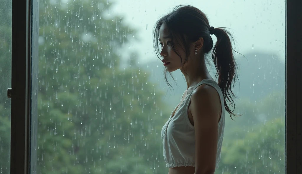 Woman with red hair and short ponytail, from behind cpn tight transparent white dress sweating in the rain 