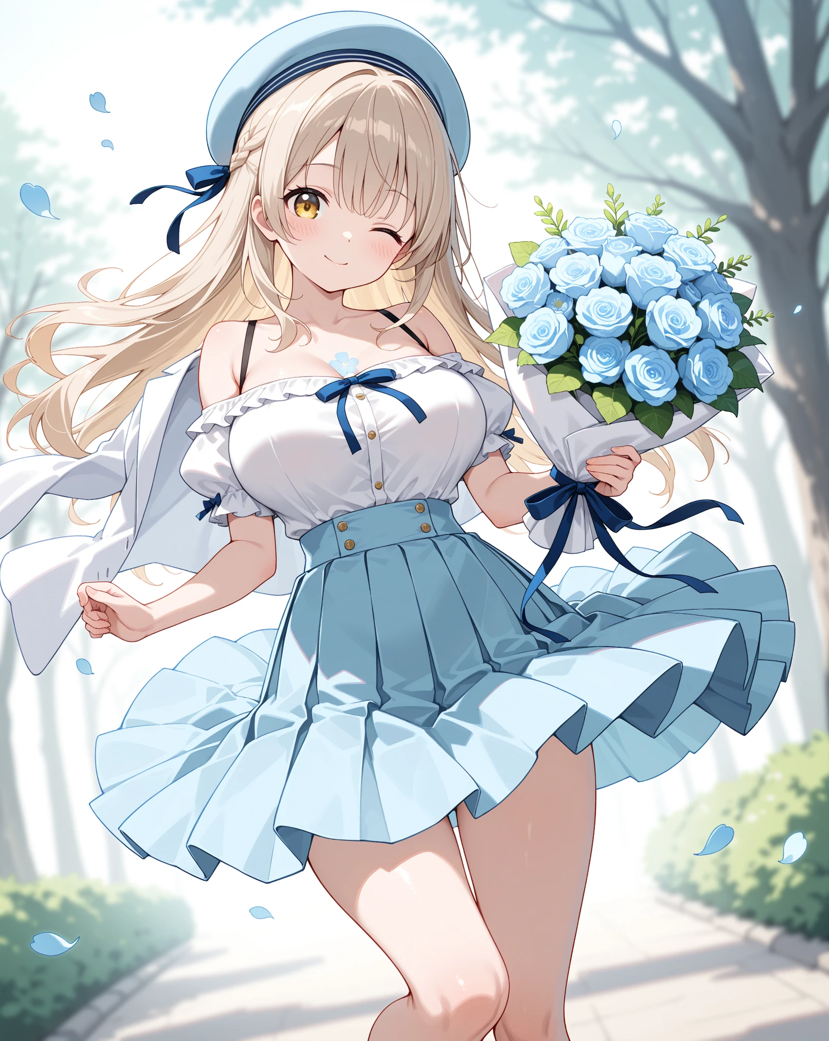 Hood \(warship girls r\),((masterpiece)),(((best quality))),((ultra-detailed)),((illustration)),((disheveled hair)),((frills)),(1 girl),(solo),1girl,bangs,blue sky,blush,bridal veil,cherry blossoms,cloud,cloudy sky,confetti,day,dress,earrings,eyebrows visible through hair,falling petals,flower,hair between eyes,hair ornament,high heels,jewelry,leaves in wind,looking at viewer,looking back,ocean,open mouth,outdoors,petals,petals on liquid,ponytail,rose petals,shoes removed,sidelocks,single shoe,sky,soles,solo,splashing,tiara,tree,underwear,veil,water,wedding dress,white dress,Rating:safe,foreshortening,
under-rim eyewear,Blue eyes with highlights,Blonde long hair(delicate eyes),ahoge,