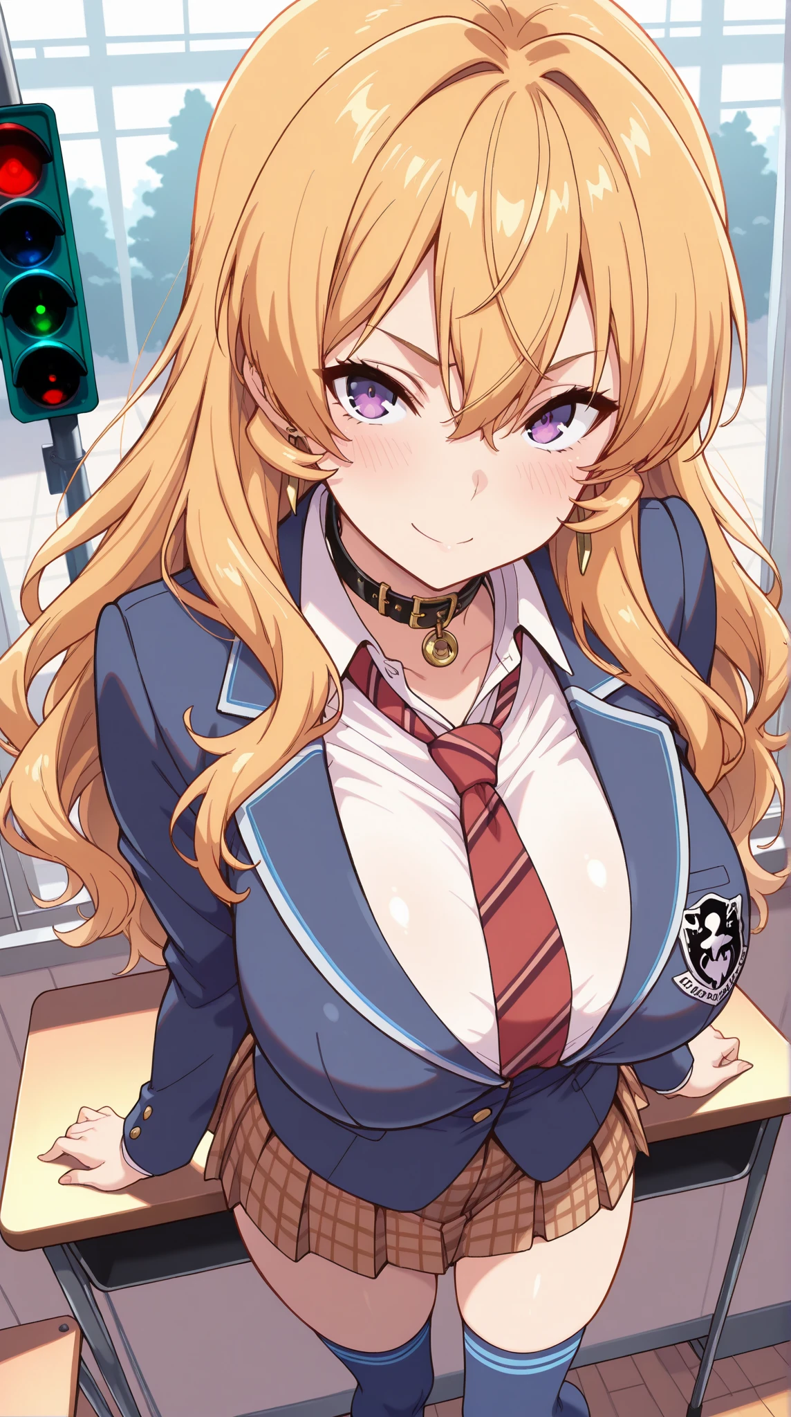 A picture of a young woman, big breast, light smile, full portrait, writing on a black notebook on a desk in a dark room, wearing a goth dress, red eyes, double ponytails blonde hair sitted on a chair