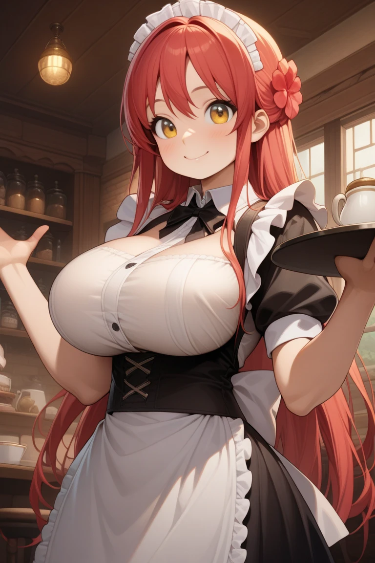masterpiece, highest quality, High resolution,
1 girl, futaba sakura, dull bangs, Glasses, black frame eyewear, Ahoge,
maid dress, maid headdress, headphones, behind-the-head headphones,
cowboy shot, Cafe,Inside the store,big breasts,I can see your chest,smile,Nipple piercing
