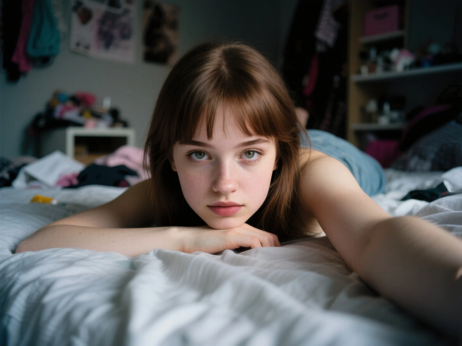 Portrait of a beautiful 18-year-old girl with a beautiful and perfect face, Russian, in panties, wet with sweat, lying in bed, crying, reddened nose and cheeks, (dark private office, melancholic dark light: 1.2)