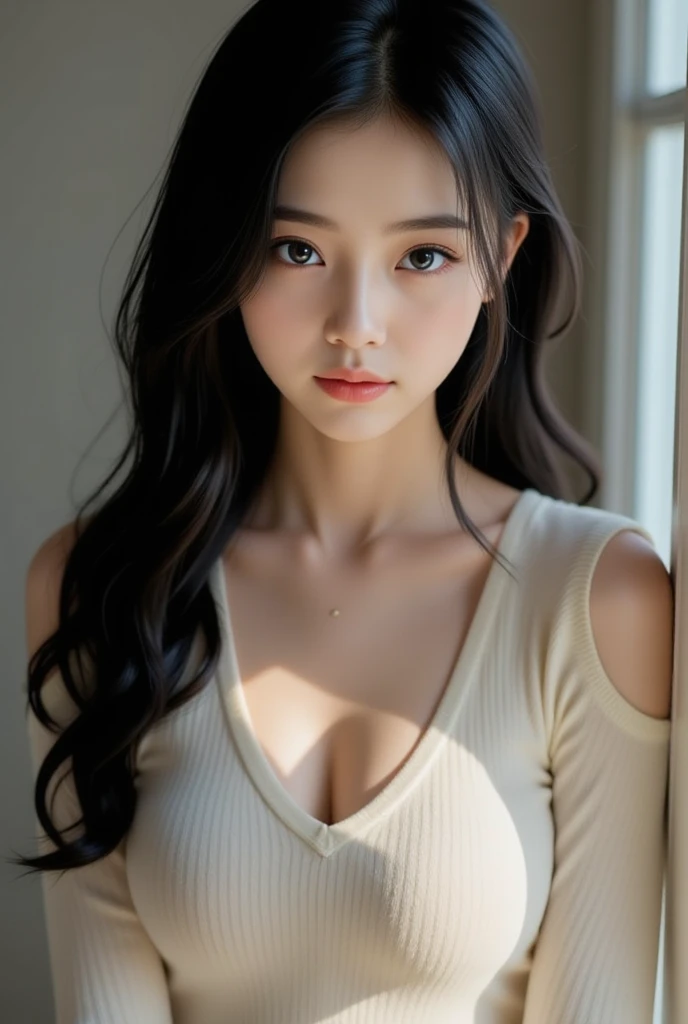 Beautiful eyes and face、An ultra-high picture quality、8K、Smart body、High Style、About 24 years old、Detailed eyes、Detailed skin、(((Crystal clear white skin)))、Off shoulder dress))、middlebreasts、((シンプルBackground))、((skin whitening))、a necklace、Beautiful collarbone、(Background: Jet black)、profetional lighting、